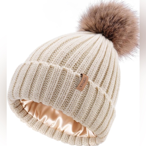 FURTALK Satin Lined Pom Pom Beanie Beige Faux Fur Knit Hat New - Picture 9 of 9